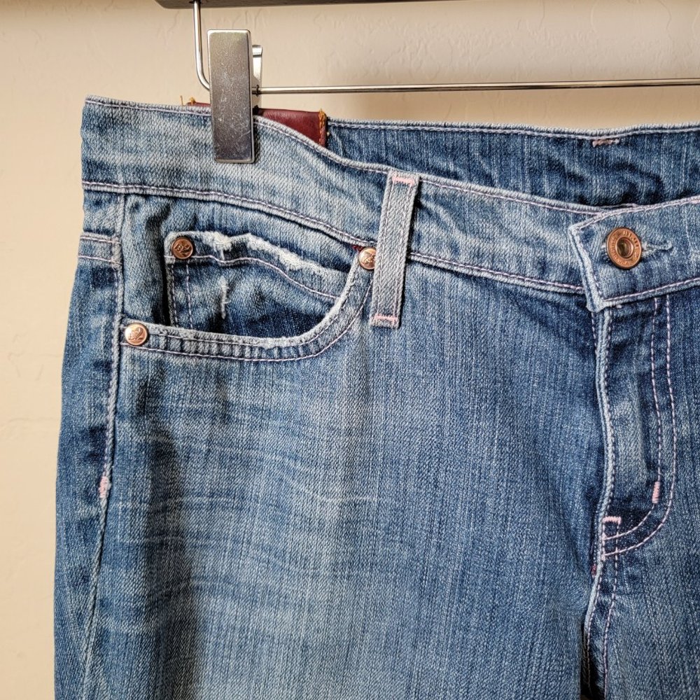 Blue 2 Medium Wash Pink Stitching Distressed Flare Denim Jeans - Picture 3 of 14
